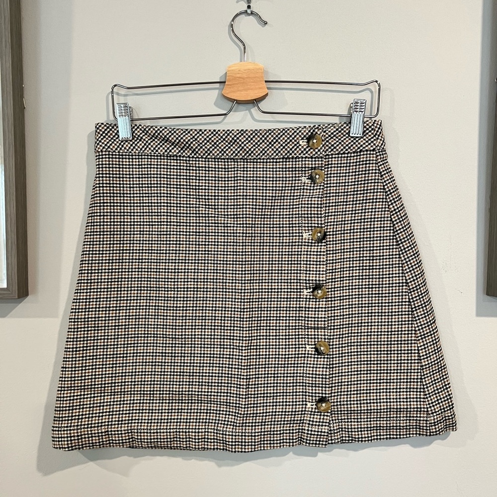 Black, White, and Tan Houndstooth Mini Skirt with Button Detail